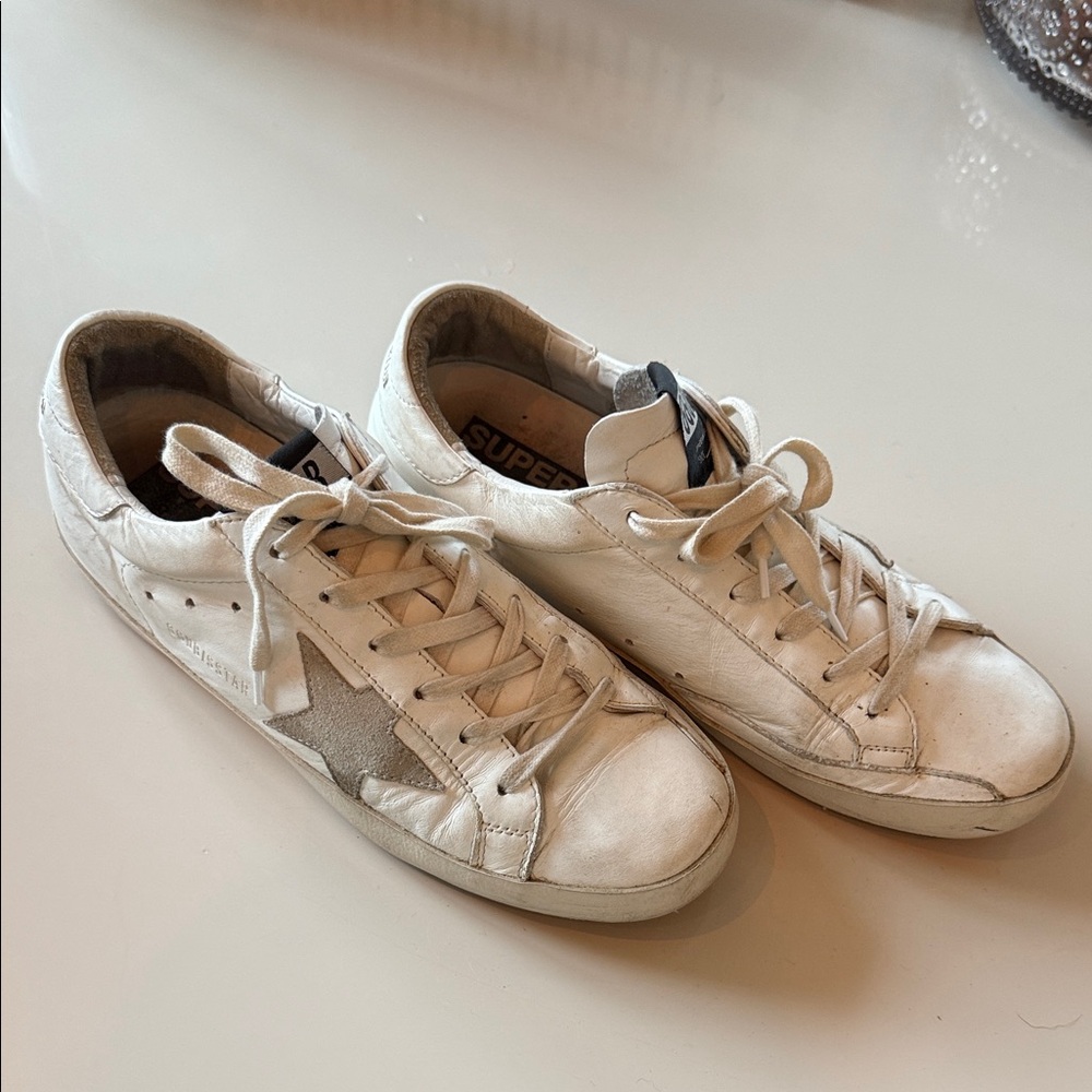 Golden Goose White Leather Superstar Sneakers with Gray Star